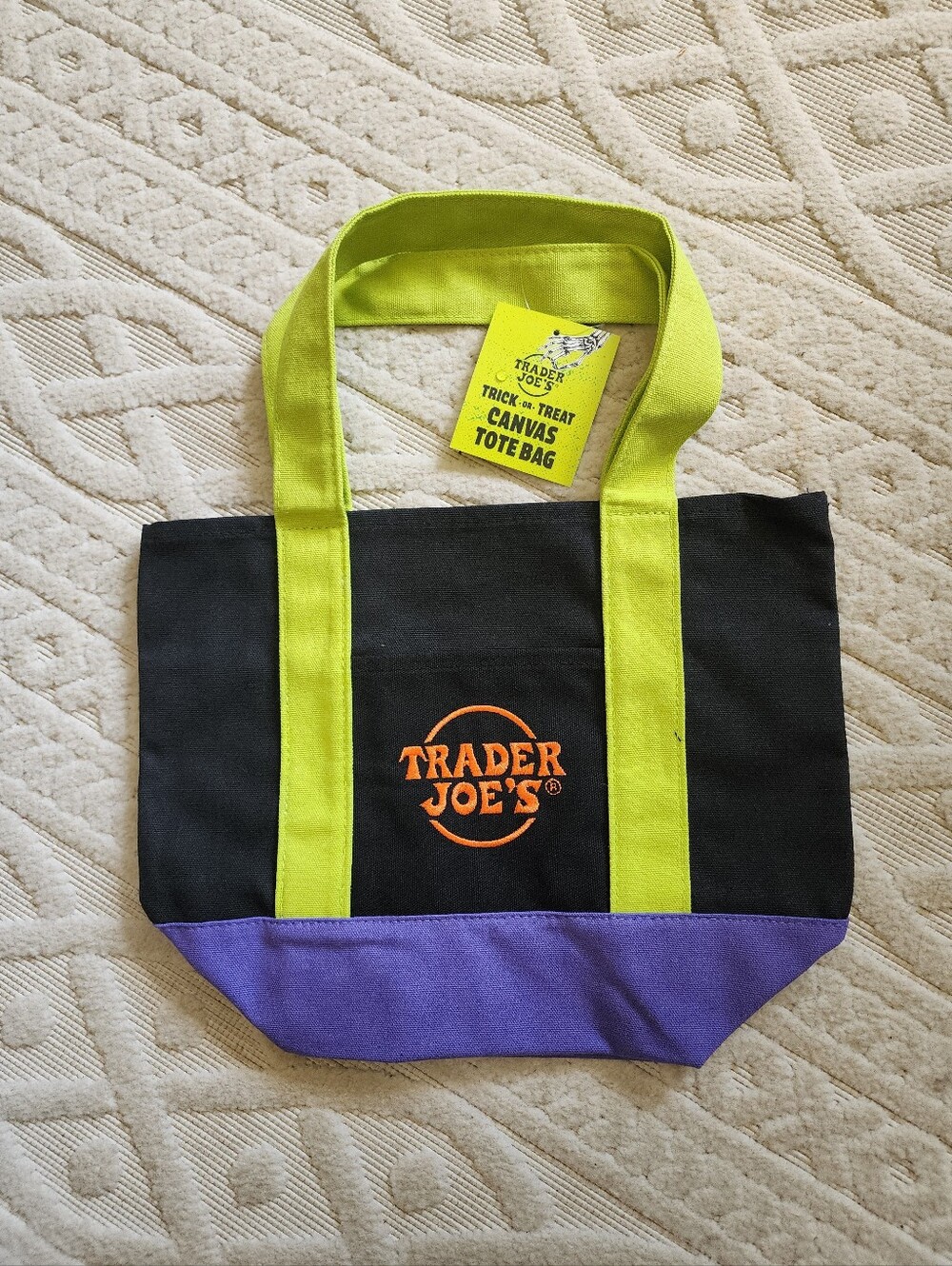 2026 Trader Joe's Black Canvas Mini Tote with Lime Handles and Purple Base